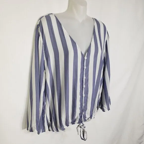 Olive + Oak Womens Blouse Size XL Blue White Striped Button Up Tie Elastic Waist - Picture 6 of 10